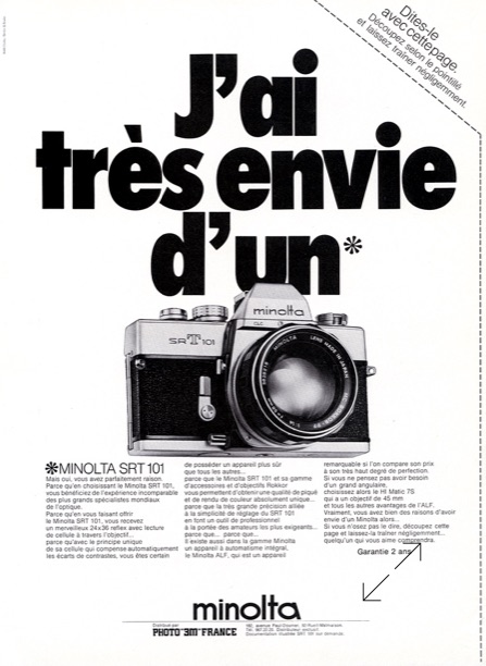 Publicité Minolta SRT 101 sur le marazine Photo