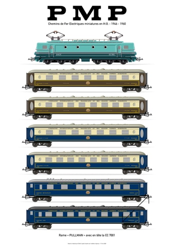 Planche d'une rame Pulmann avec en tête la CC7001 dessinée par Didier leplat
