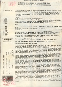 le compte rendu du procès entre La croix du Jura et Lons Hebdo en 1977